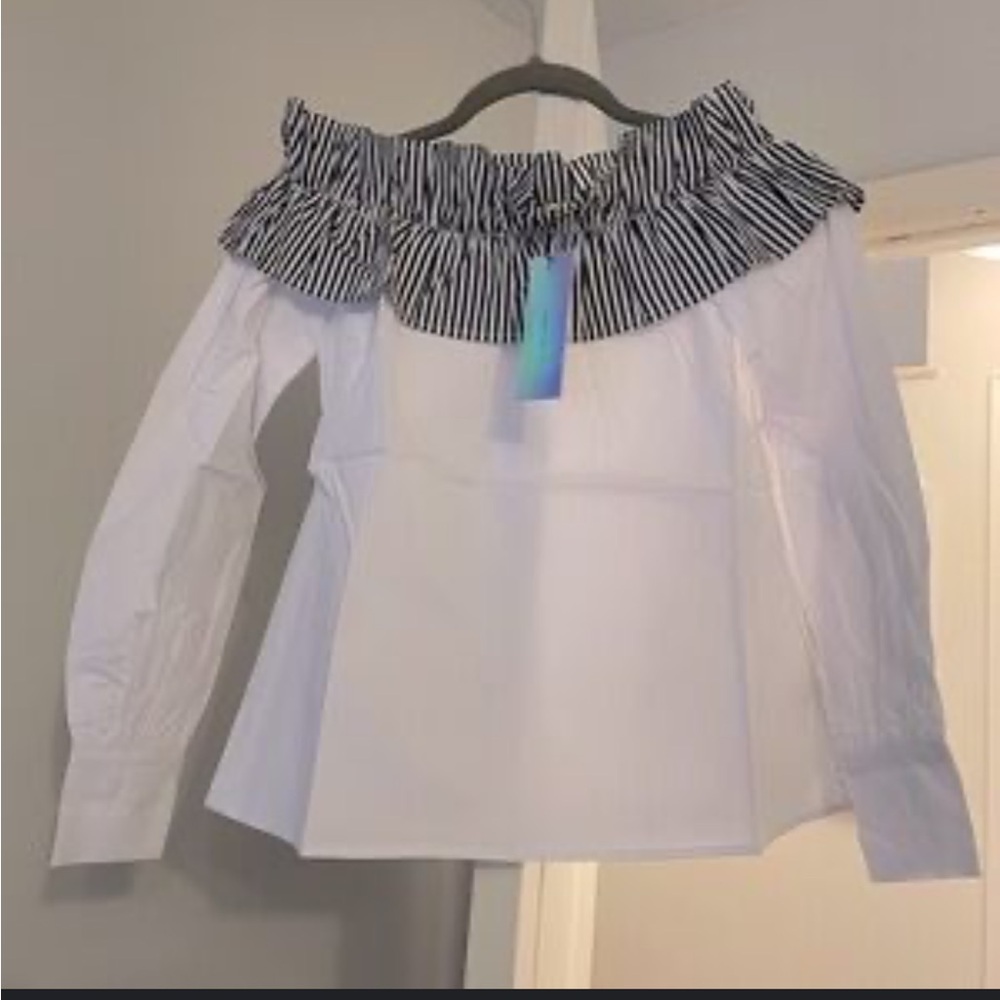 After Market White Off the Shoulder Striped Top